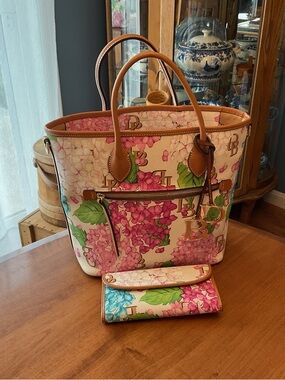 Dooney & Bourke Ivory Monogram Hydrangea Satchel with wallet